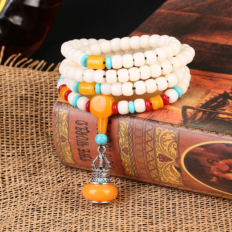 

New Bodhi Couple Bracelet Long Sweater Chain White 108 Mala Lotus OM Buddha Charm Yoga Bangle /Necklace