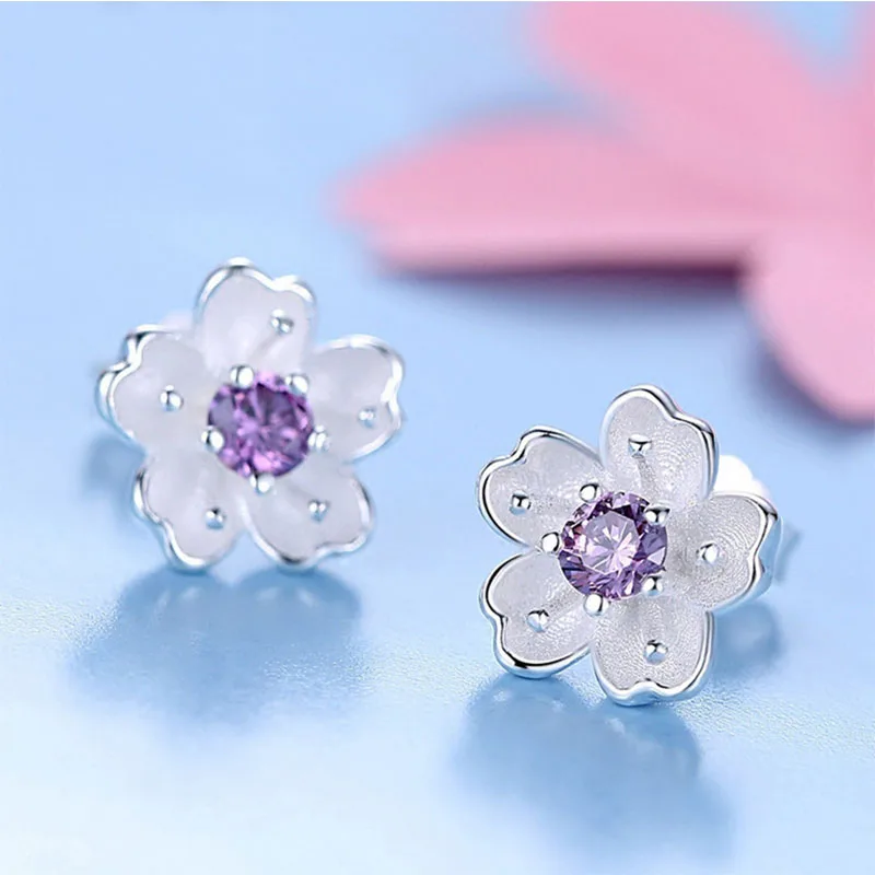 

2019 New Hot Sale Fashion Jewelry Cute Cherry Blossoms Flower Pink CZ Stud Earrings for Women Several Peach Blossoms Earrings