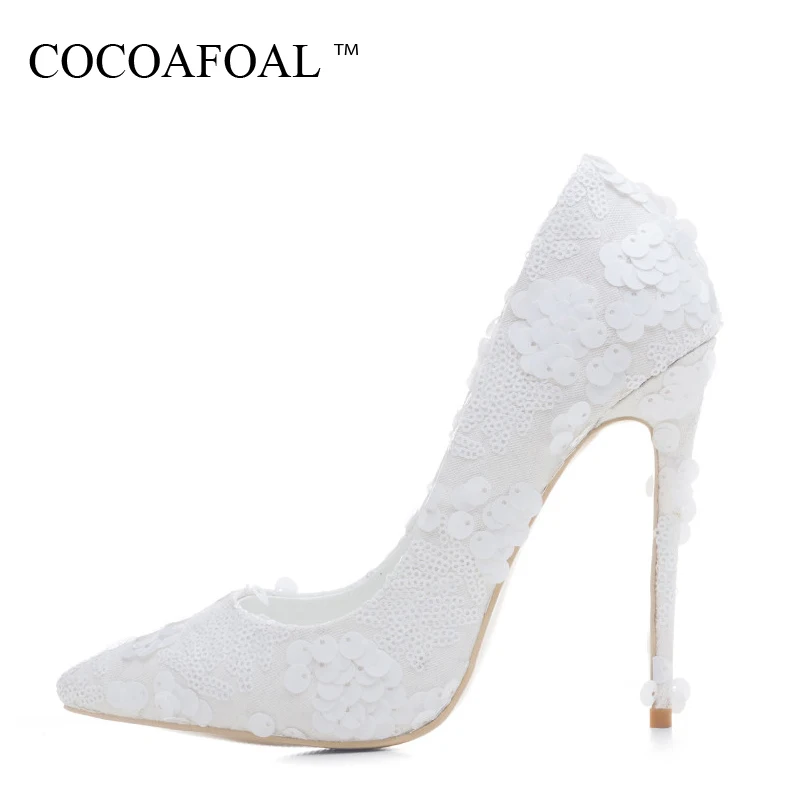 

COCOAFOAL Woman White Wedding Shoes Plus Size 33 - 43 Fashion Ultra High Heels Shoes Party Stiletto Bling 12 CM Sexy Pumps 2018