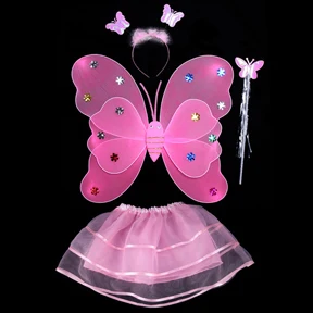Детский костюм сказочной принцессы для девочек из 4 предметов яркая одежда для сцены юбка-пачка с крыльями бабочки и повязкой на голову DS9 - Цвет: pink