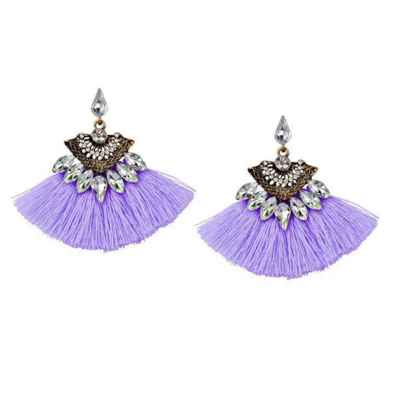 ES2159, богемные темпераментные стразы, серьги для женщин, модное ювелирное изделие, веерообразные серьги с кисточками, винтажные этнические ювелирные изделия для ушей - Окраска металла: Purple
