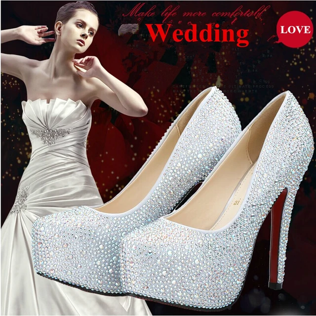 new 2014 women pumps rhinestone 16cm wedding shoes red bottom high heels  women shoes Silver White - AliExpress
