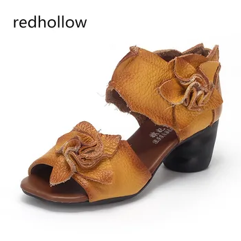 

2018 Summer Genuine Leather Women Sandals Handmade Flower Platform Wedges Slingback Cowhide High Heel Shoes