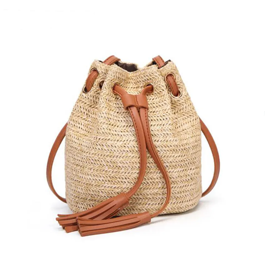 

JIARUO Summer Beach Small Women Straw Bucket Bag Handbag Tassel Drawstring Shoulder Bag Messenger Crossbody Bags Purses panelled