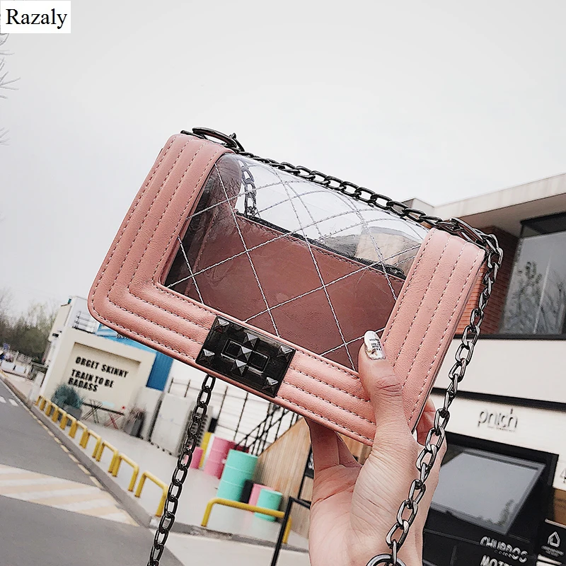 

Razaly brand high quality summer beach clear plastic chain transparent metal chain small handbag satchels designer purse not pvc