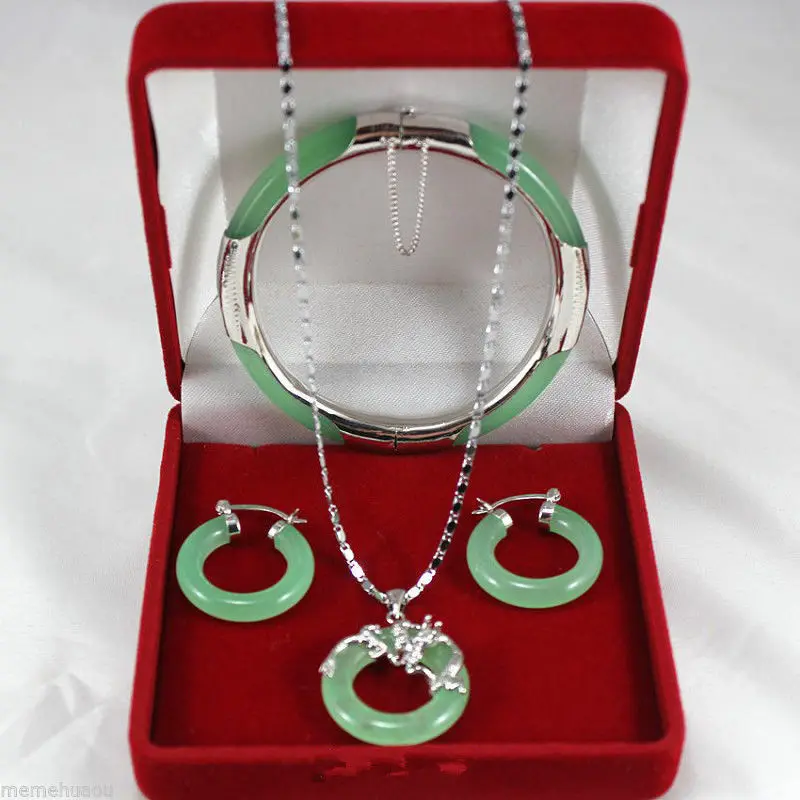 

free shipping>>> genuine Natural green jade dragon pendant earrings bracelet set AAA style 100% Natural jade Noble Fine jewe