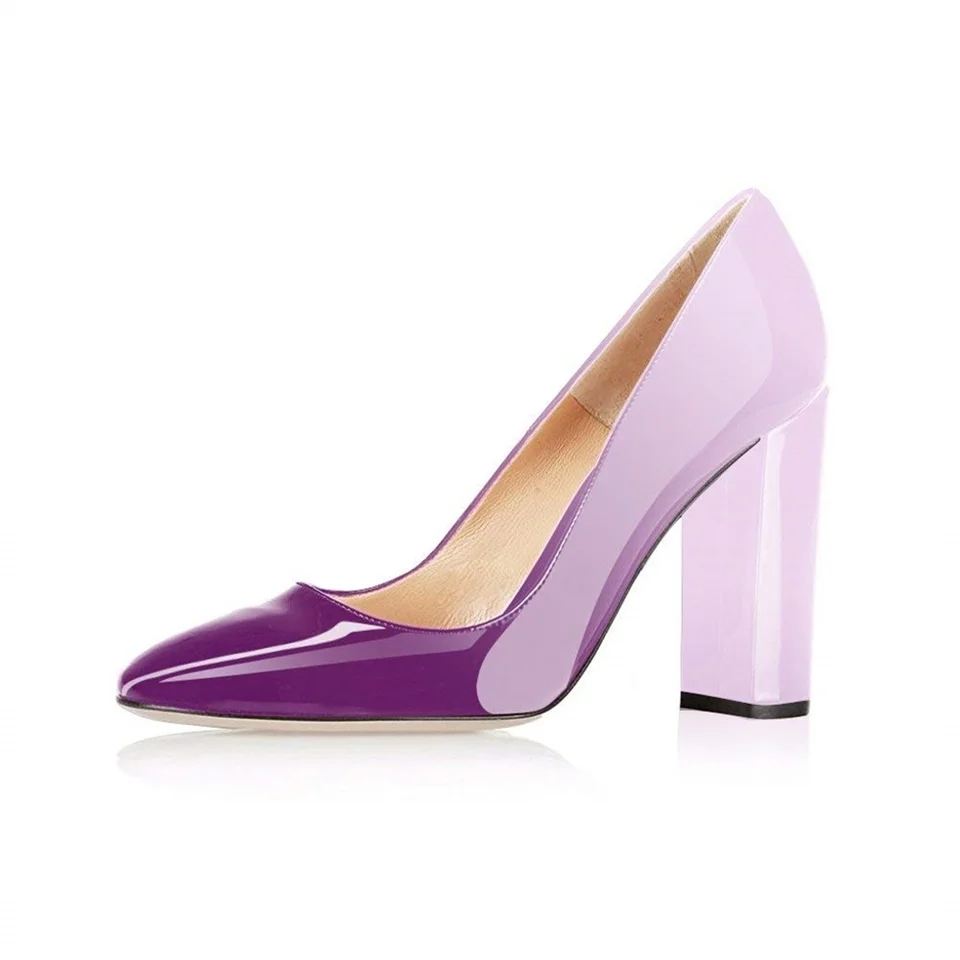 Kmeioo/женские пикантные туфли-лодочки из лакированной кожи с острым носком на квадратном каблуке; великолепные вечерние туфли на шпильке - Цвет: Violet White