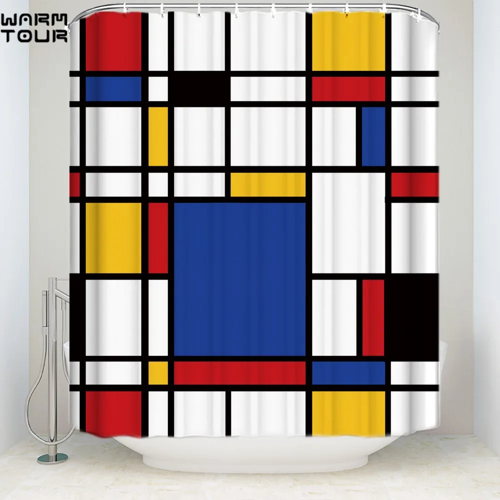 Mondrian стиль полиэстер ткань водонепроницаемый ванная комната занавеска для душа и 12 крючков