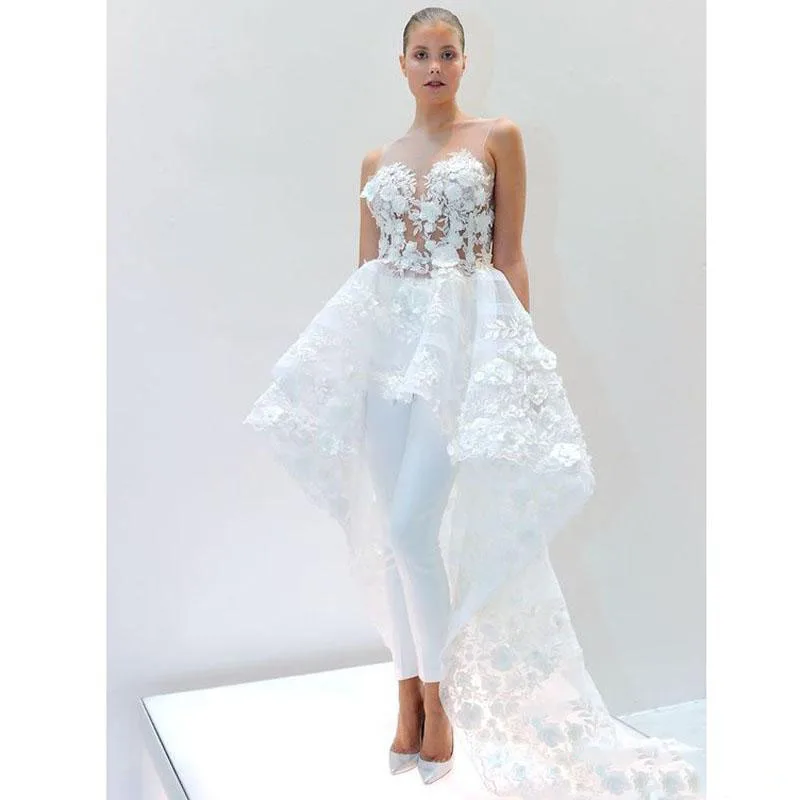 Gorgeous Floral White Appliques High Low A-line Wedding Dress with Train Illusion Bride Maxi Gown Bridal Wedding Event Wear Dress Custo
