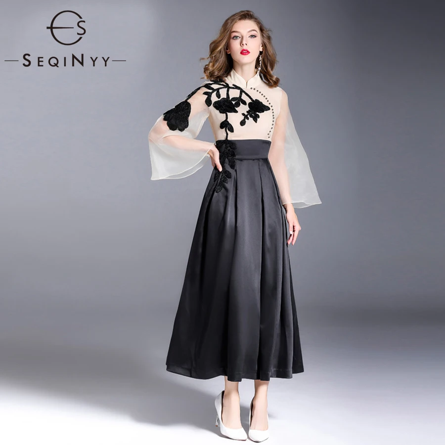 

SEQINYY Vintage Dress Beaded Applique Black Flowers Organza 3/4 Flare Sleeve Beige Spliced Black A-line 2018 Early Autumn Dress