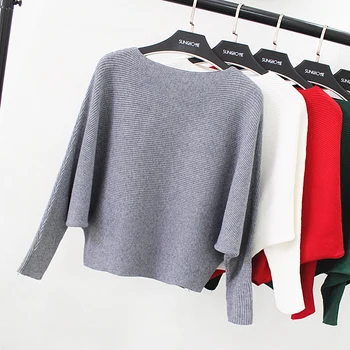 

New Autumn Winter Women O Collar Bat Sleeve Loose Casual Sweaters and Pullovers Pure Color Plus Size Short Sweater Coat Gray Red