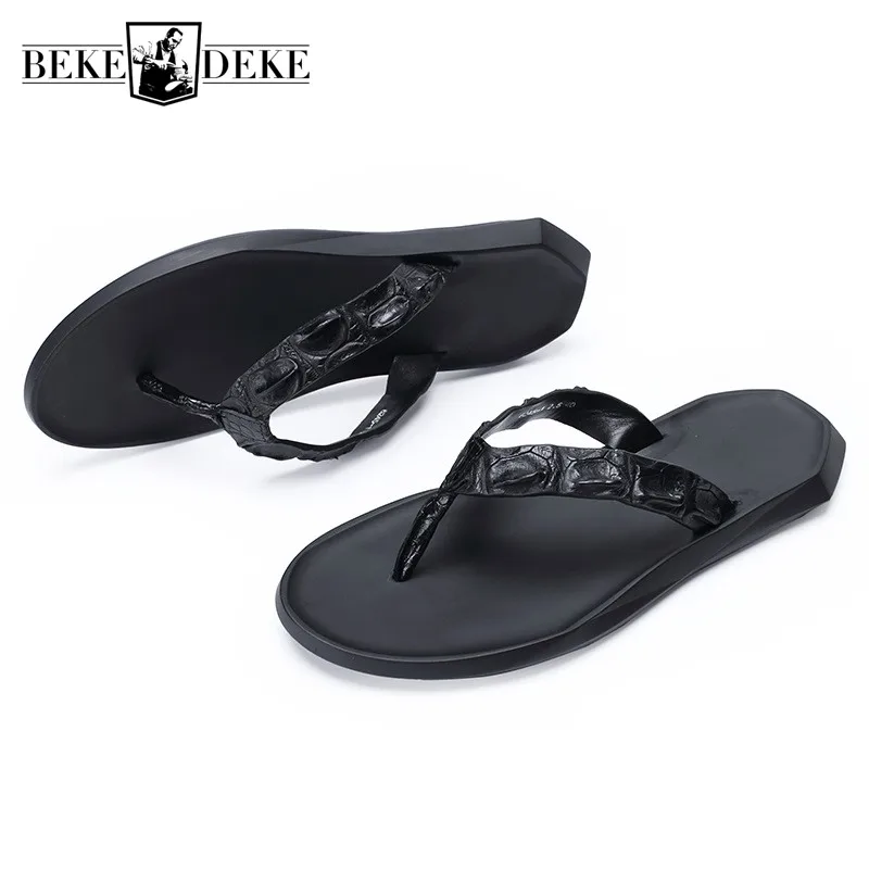 

Summer New Fashion Casual 100% Real Leather Flats Sandals Shoes Men Flip Flops Slippers High Quality Black Beach Sandals Slides