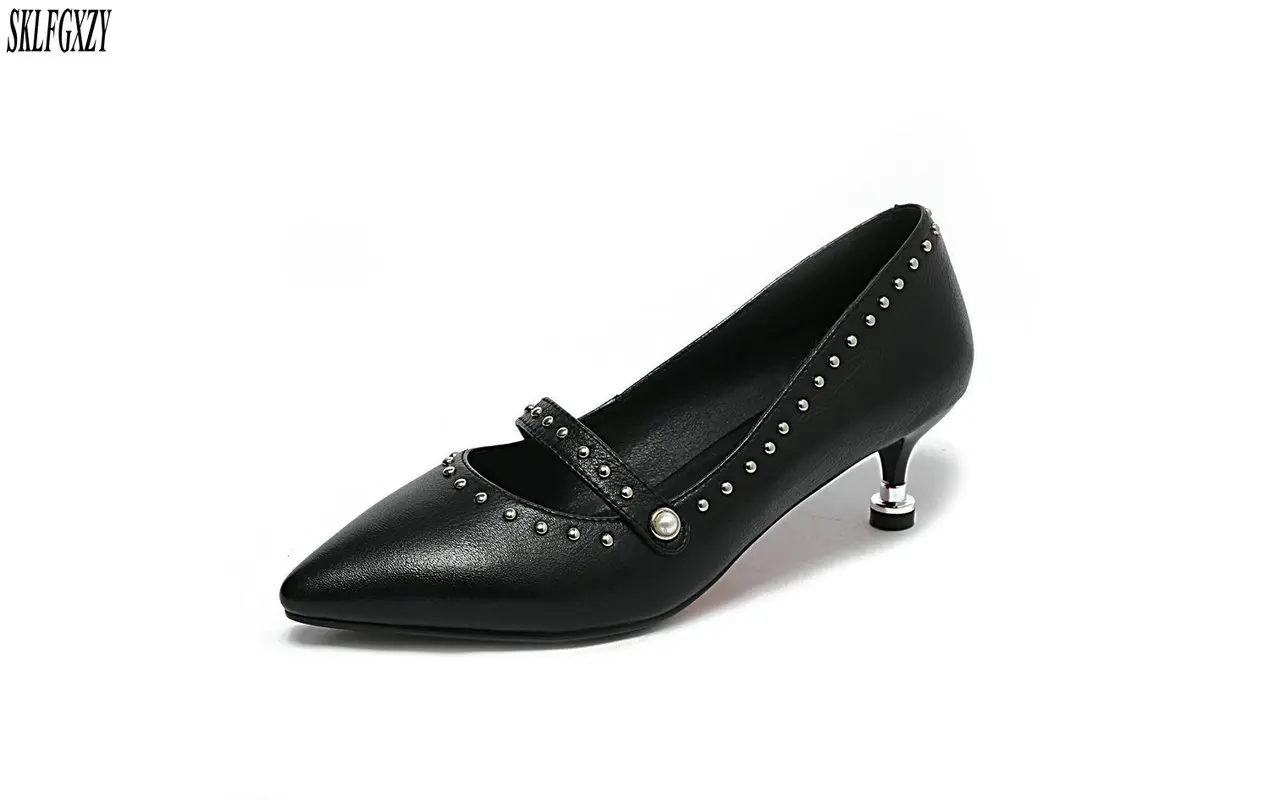 

SKLFGXZY New arrival fashion leather women shoes 100% sheepskin beaded high heels quality, women shoes size 34-40