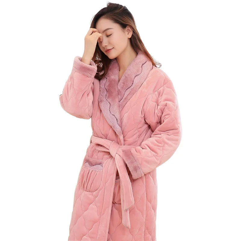 Зимний коралловый флисовый стеганый женский халат, кимоно, халат, ночная рубашка, Толстая теплая пижама с длинным рукавом, банное Ночное платье, M-XXXL