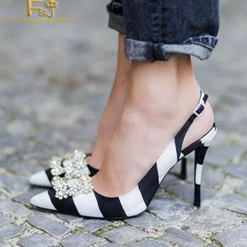 

Size 46 Woman Shoes Black and White Stripes Rhinestone Satin Stiletto Heels Pointed Toe Slingback Pumps Date Spring Autumn FSJ