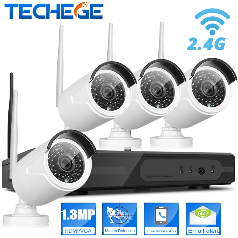 Techege Real Plug & Play 4 Channel NVR KIT 1.3MP wifi Camera Wifi Wireless Kit System 4CH 1080P NVR 1280*960P WIFI Camera  P2P