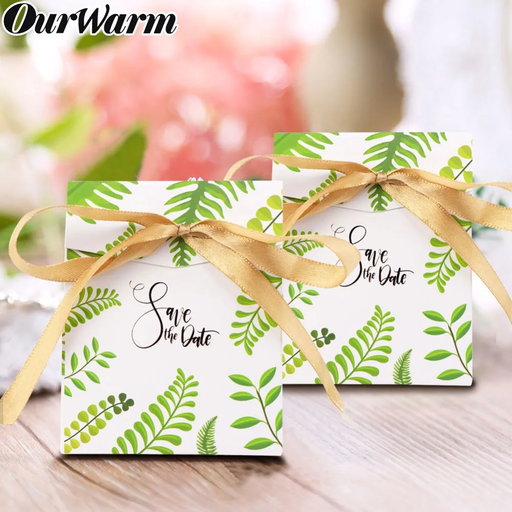 

Ourwarm 50pcs Square Green Leaves Paper Candy Bag Box Kids Baby Gift Baby Shower Party Favors DIY Wedding Birthday Decorations