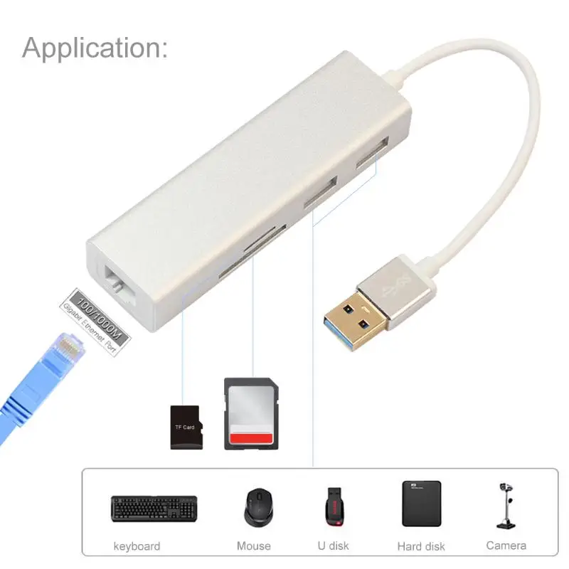 Alloyseed Многофункциональный Card Reader Алюминий USB3.0 к RJ45 2-Порты и разъёмы USB3.0 SD Card Reader адаптер конвертер для ПК