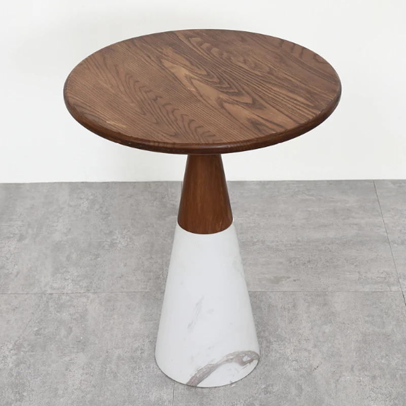 Round Coffee Table Wood Top Marble Base Side Table for Living Room Solid Wood End Table