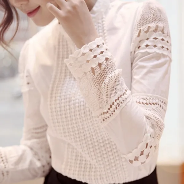 

Summer Women Blouse Slim Embroidery Long Sleeve Shirts Crochet White Cotton Blouse blusas femininas X23