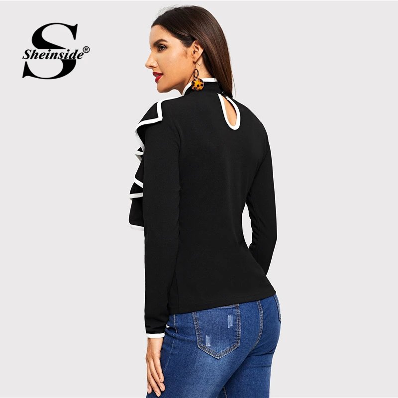 Sheinside Black Office Ladies Tops and Tees Contrast Binding Ruffle Trim Women T-shirt Turtleneck Elegant Womens Long Sleeve Top