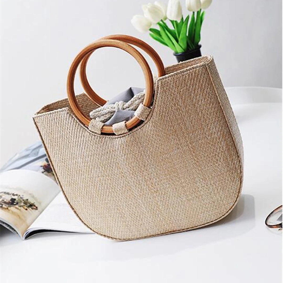 AEQUEEN, verano 2018, bolso de mano tejido con mango madera circular, bolsos de paja para mujer, bolso de mano, bolso cruzado de ratán, bolso de mano para playa|bolsa fashion|straw handbag -