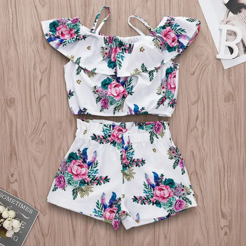 

2 Pcs/set Children Sling Tops Short Pants Suit Kids Girls Peony Floral Shorts Suits Seaside Style Vacation Holiday Birthday Gift