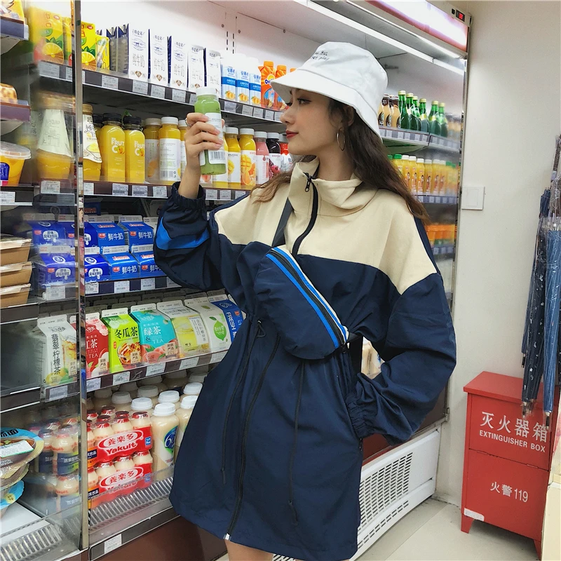 Женская длинная куртка в стиле хип-хоп с сумкой, свободное модное осеннее пальто Harajuku BF, Женская Осенняя ветровка с длинным рукавом