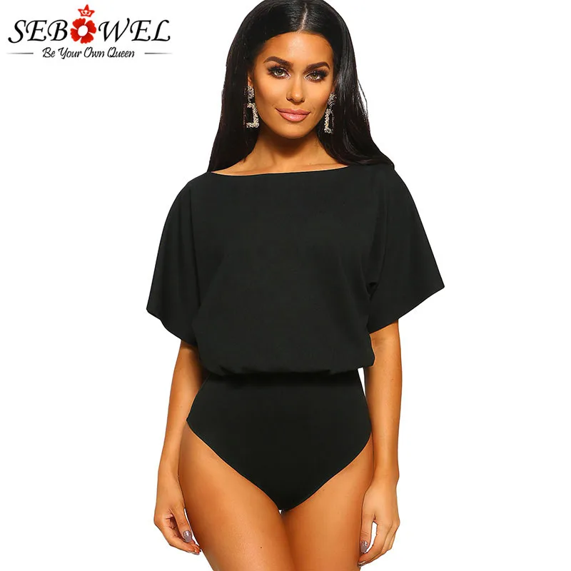 SEBOWEL Woman Black Short Batwing Sleeve Bodysuit 2019