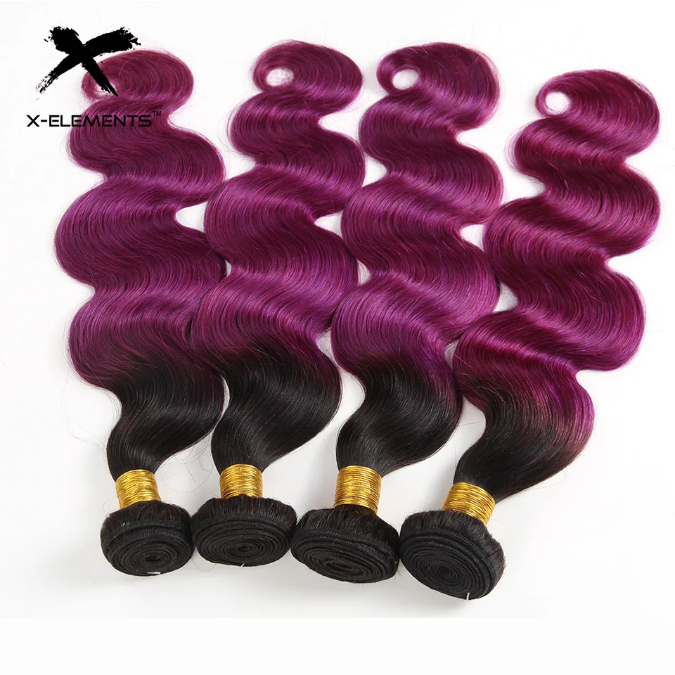 X-Elements Brazilian Ombre Body Wave Hair Bundles T1B 30 Burgundy 39J Purple Colored Human Hair Weave Non-Remy Hair Extensions (6)