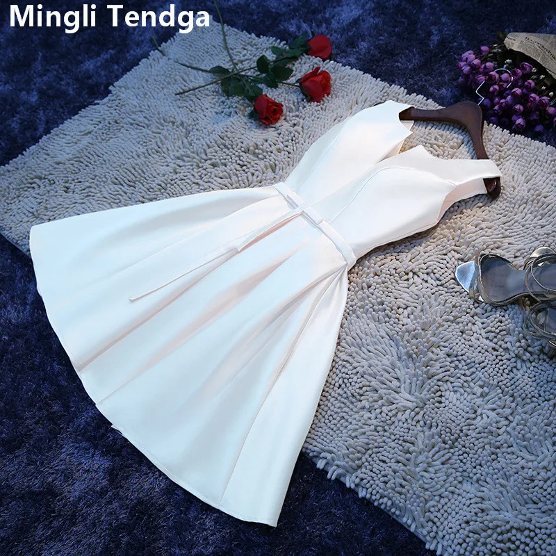 Mingli Tengda белые элегантные атласные платья свидетельницы короткое платье подружки невесты с v-образным вырезом плюс размер A-Line свадебное платье