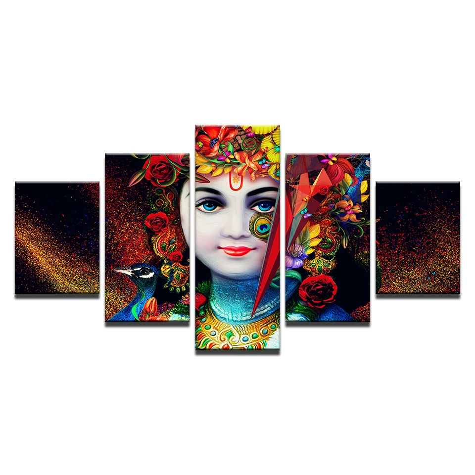 Original Oil Ink 5 Panels Canvas India Shiva Character Standing