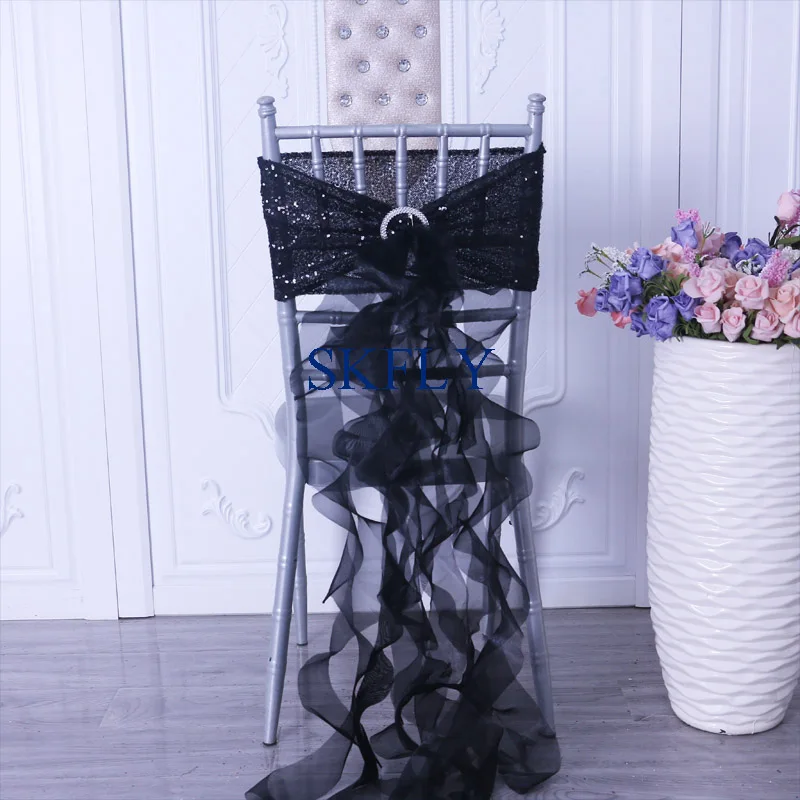 

SH105B New popular custom made 2019 cheap wedding standard chiavari black sequin chair band with curly willow sash