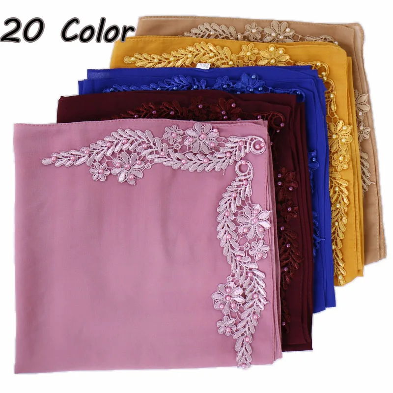 

Plain Embroider Bubble Chiffon Instant Hijab Scarf Wrap Beads Stitch Shawls Muslim Fashion Long Headband Islamic Sjaal 180*70Cm
