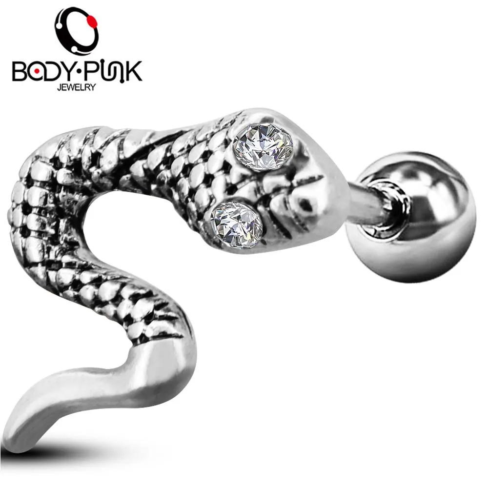 

Body Punk 16G 316L Surgical Steel Cartilage Earring Studs Ball CZ Snake Shape Tragus Helix Hoop Ear Rings Piercing for Women