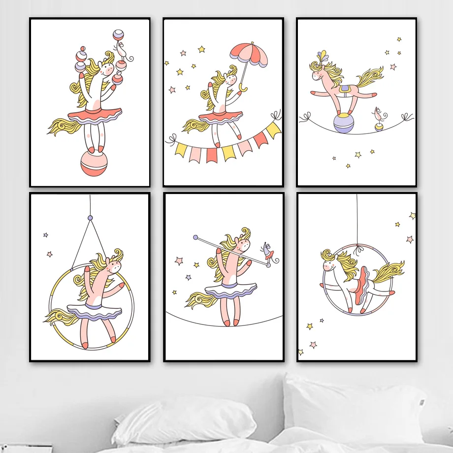 

Cartoon Acrobatics Horse Nordic Posters And Prints Wall Art Canvas Painting Animal Wall Pictures Kids Room Nursery Home Decor