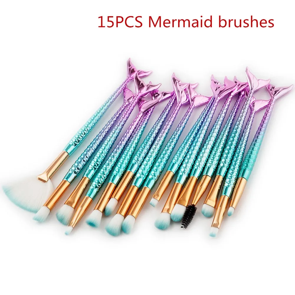 

USA New 15pcs Mermaid makeup brushes Green Fish Tail plating handle Eyebrow Eyeliner Blush Blending Contour unicorn brushes USPS