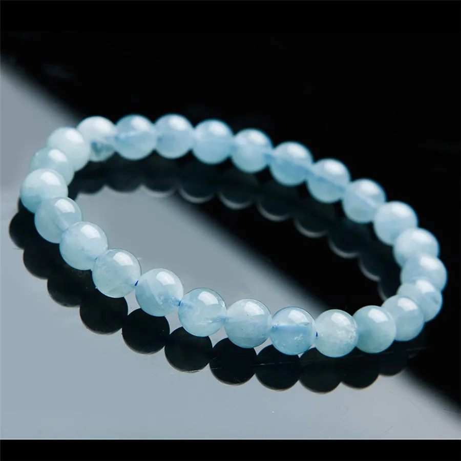 Genuine Natural Blue Aquamarine Bracelet Women Female Stretch Round Bead 7mm Crystal Bracelet Fashion Healing Stone (4)