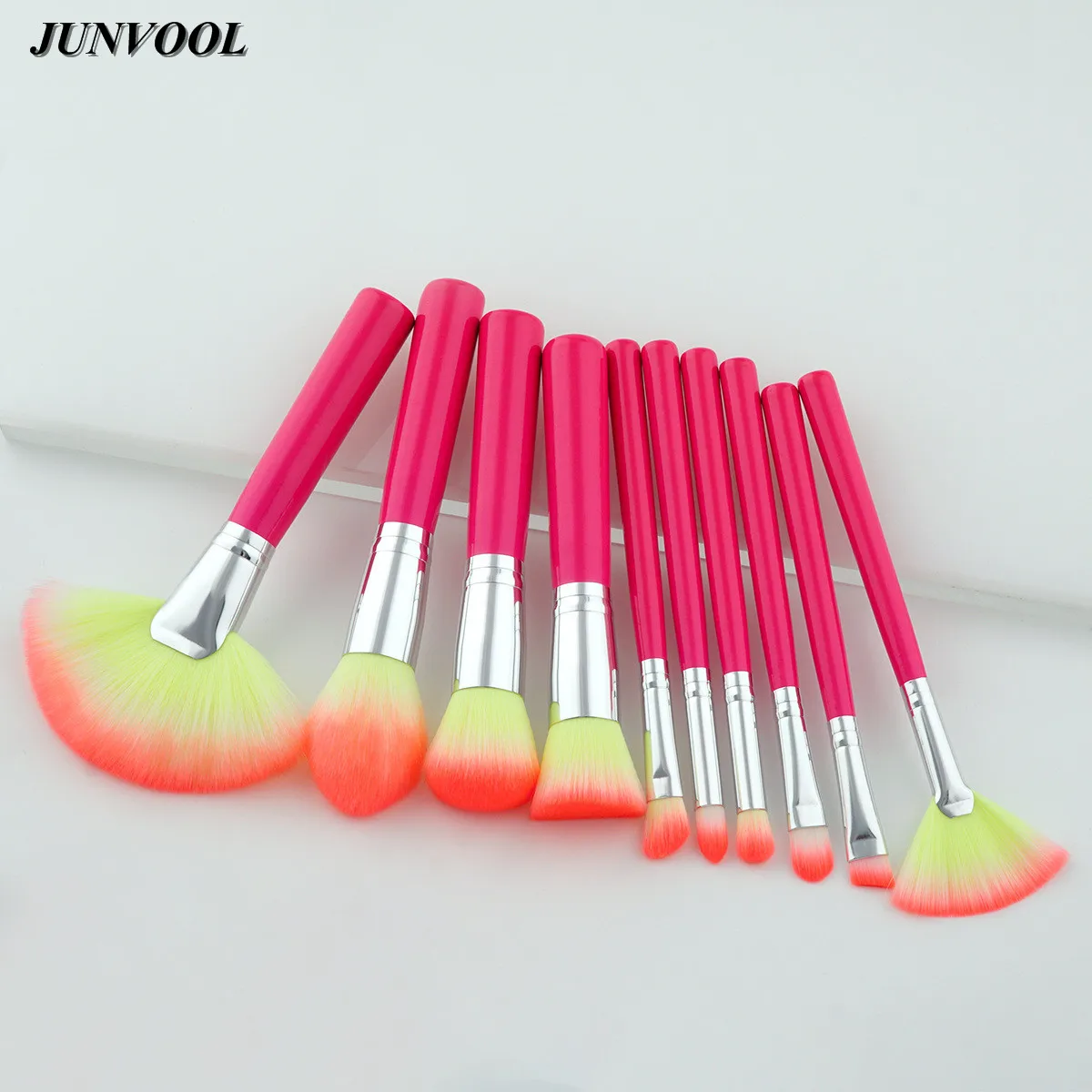 Pink Silver Large Fan Brush 10Pcs Synthetic Kabuki Makeup Brushes Set