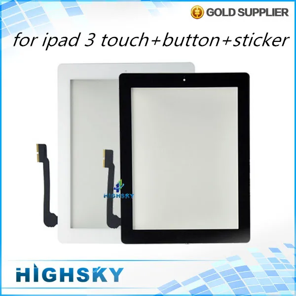 10 pcs/lot  free shipping Black & white for iPad 3 touch digitizer glass with flex cable+home button+tools+3M sticker