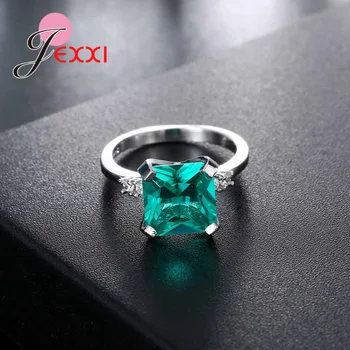 

Square Green Crystal Wedding Engagement Rings Jewelry For Woman Bridal 925 Sterling Silver Party Finger Ring For Female