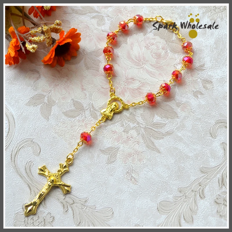 5pcs/lot Catholic Women's Red Glass Beads Gold Chain Cross Charm Rosary