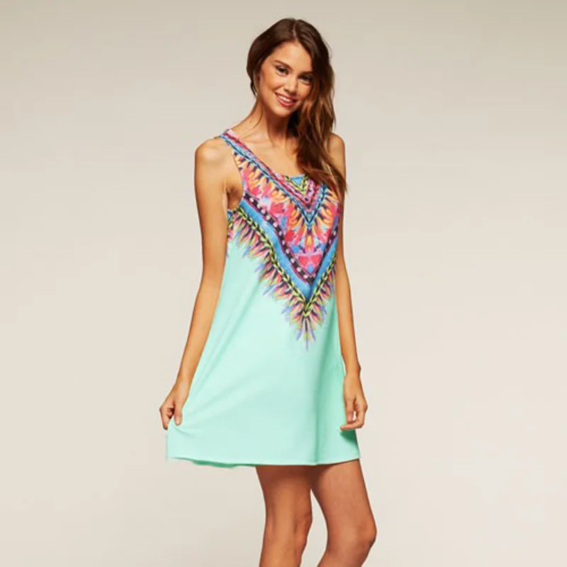 

Boho Style Printing Dress 2019 Summer Color Pattern Vestido Sleeveless Cute Dresses Bohemian Jurk Printing Short Beach Dress