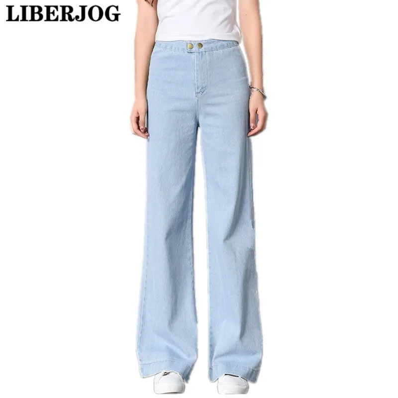 

LIBERJOG 2019 New Wide Leg Women Jeans Loose High Waist Wash Denim Trousers Summer Autumn Button Casual Pants Large Size