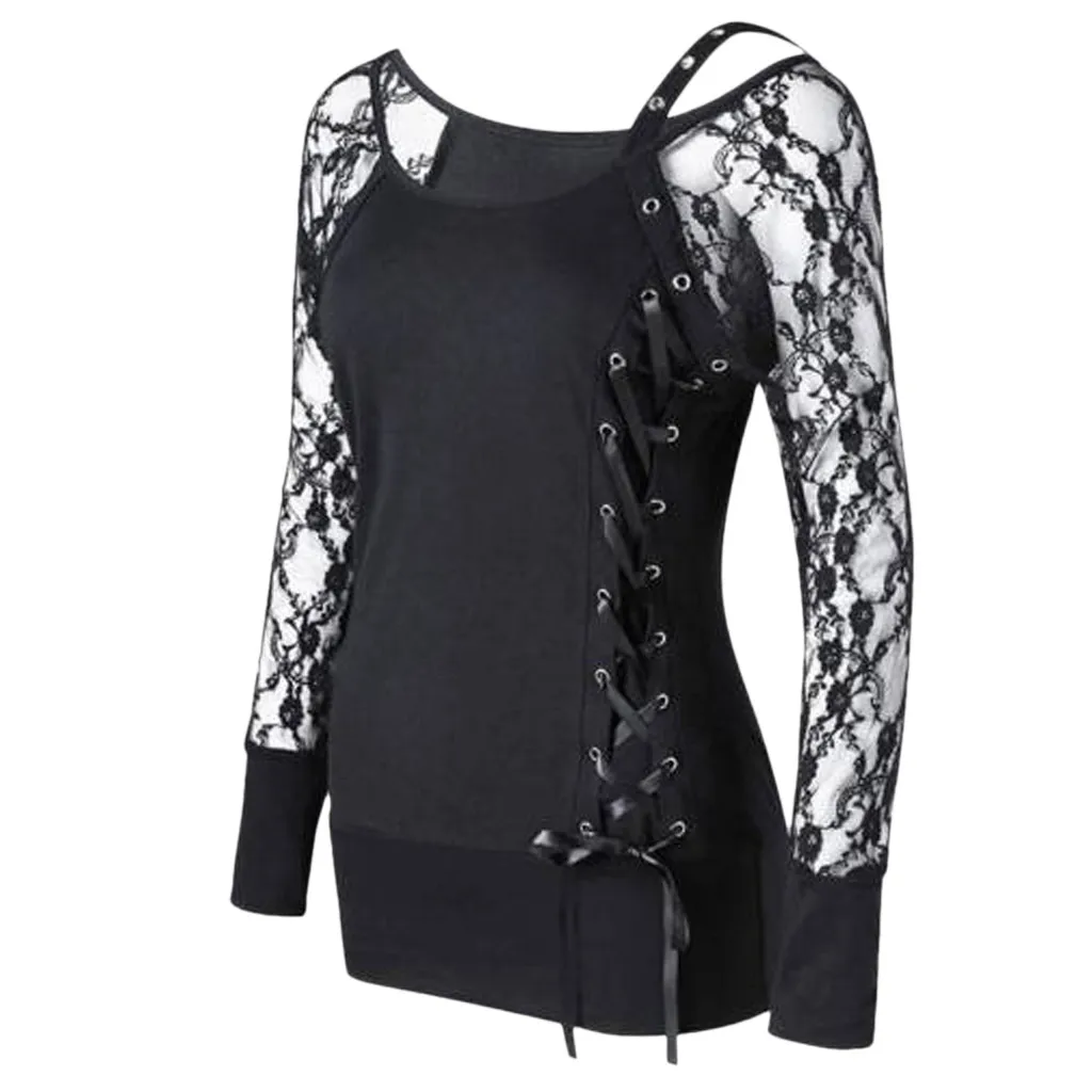 Women Sexy Lace Blouse Tops Lady Evening Party Lace Up Long Sleeve Shirt Clothes Round neck long 