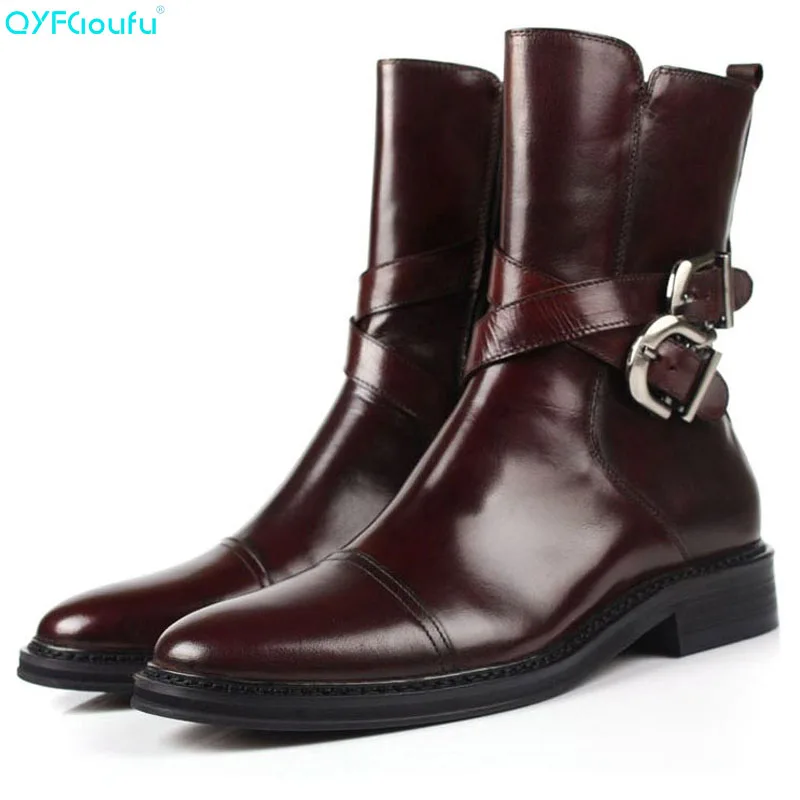 

Mens Cowhide Boots Genuine Leather Men Dress Boots Shoes Luxury Brand Black Brown Fingertip Cap Chelsea Boots Buckle
