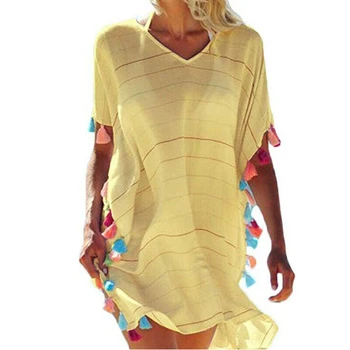 

2019 Summer Dress Women Tassel Bikini Cover Up Striped Pullover Swimsuit Beach Dress Kaftan Beach Swimsuit Beachwear Cover Up