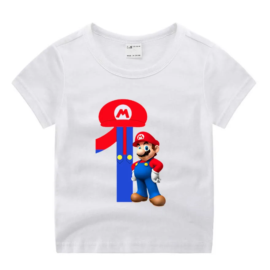 

Baby Boy Girl Super Mario Number 1-9 Letter Print Clothes Children Funny T-shirt Round Neck Cotton Children Number 1-9 Birthday