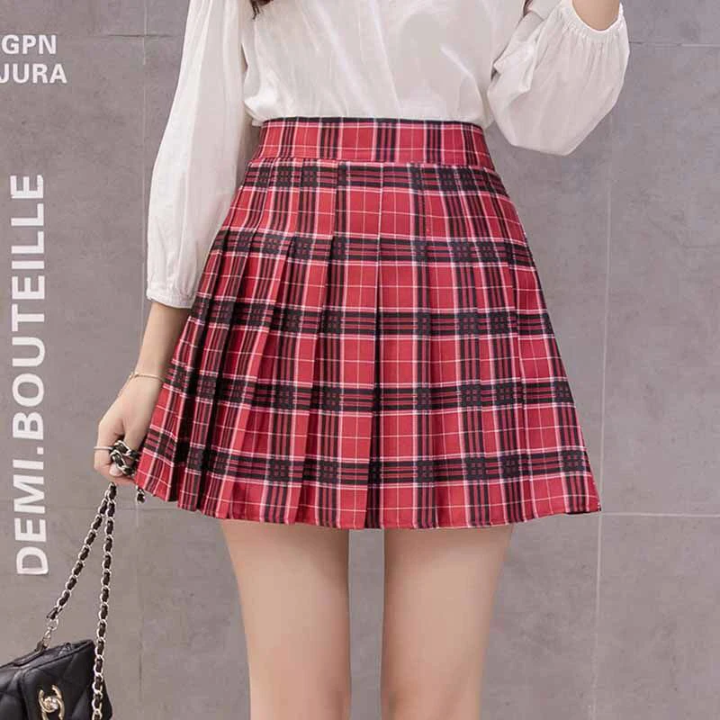 Red plaid XS-3XL, Женская юбка, элегантный дизайн, высокая талия, шикарная, прошитая, юбки, летняя, Студенческая, плиссированная юбка, для женщин, милая, милая, для девушек, юбка для танцев - Цвет: Red plaid