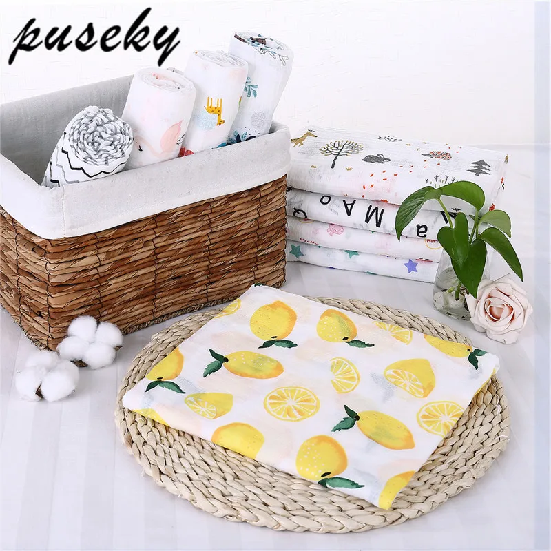 

Puseky Flamingo Rose fruits Print Muslin Baby Blankets Bedding Infant Swaddle Towel For Newborns Swaddle Blanket 100%Cotton